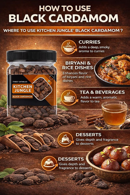 Kitchen Jungle Premium Black Cardamom (Kali Elaichi) 100g | Bold Whole Badi Elaichi Pods | Strong Smoky Aromatic Spice for Biryani, Garam Masala, Curries & Indian Cooking