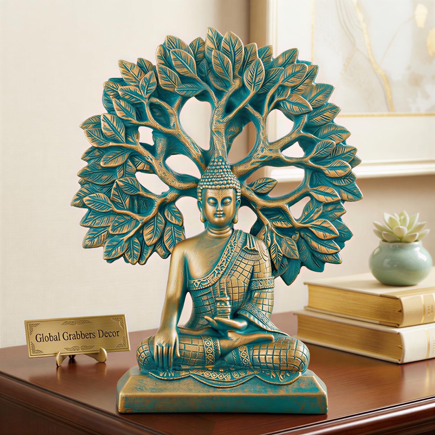 Global Grabbers Buddha Statue Showpiece Idol Home Decor Decoration Items for Living Room and Gifts (Antique Golden Blue)