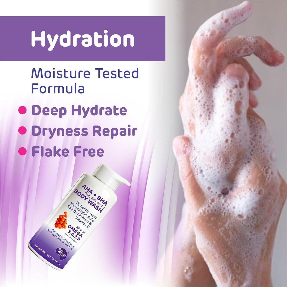 Body wash bottle with a hand covered in foam, labeled 'Hydration' and 'Moisture Tested Formula'.