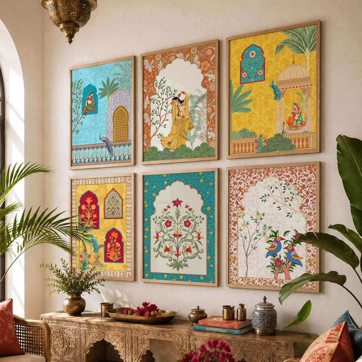 Madhubani & Pichwai Indian Traditional Wall Art Set of 6, Framed Paintings for Living Room, Bedroom & Office Decor, Indian Folk Art Prints, 10x13 Inch