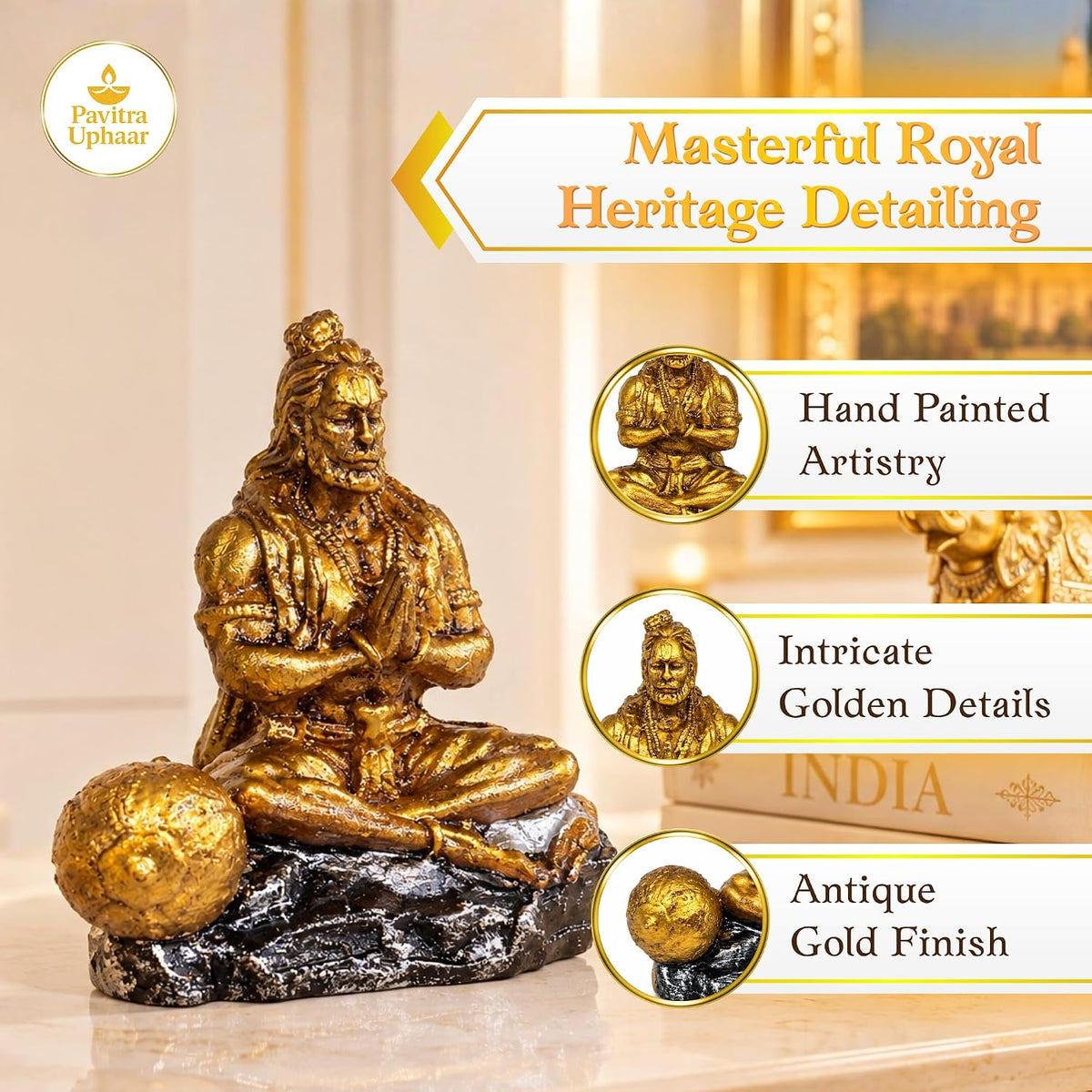 Gold Hanuman Idol for Car Dashboard, 9 cm Resin Hand-Painted Bajrangbali Statue, Hindu Religious Decorative Idol for Car, Home Mandir & Living Room, Spiritual Gift