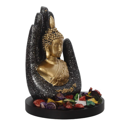 eCraftIndia Black Golden Resin Palm Buddha Statue Tea Light Candle Holder Showpiece