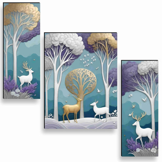 deer Paintings for Wall Decoration - Set Of 3, 3d modern art Painting for Living Room Large Size with Frames for Home Decoration, Hotel, Office painting 50.8 cm x 30.48 cm A-JM-36052