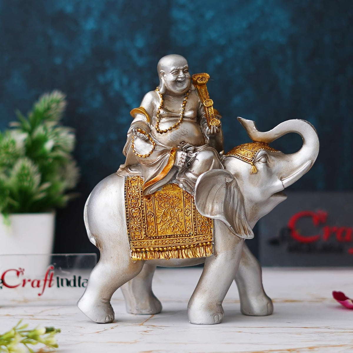 Silver Golden Resin Laughing Buddha Statue Seating on Elephant Figurine Showpiece for Home Decor Living Room Bedroom Laughing Buddha for Good Luck Money| Gift for Birthday Friendship Day