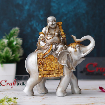 Silver Golden Resin Laughing Buddha Statue Seating on Elephant Figurine Showpiece for Home Decor Living Room Bedroom Laughing Buddha for Good Luck Money| Gift for Birthday Friendship Day