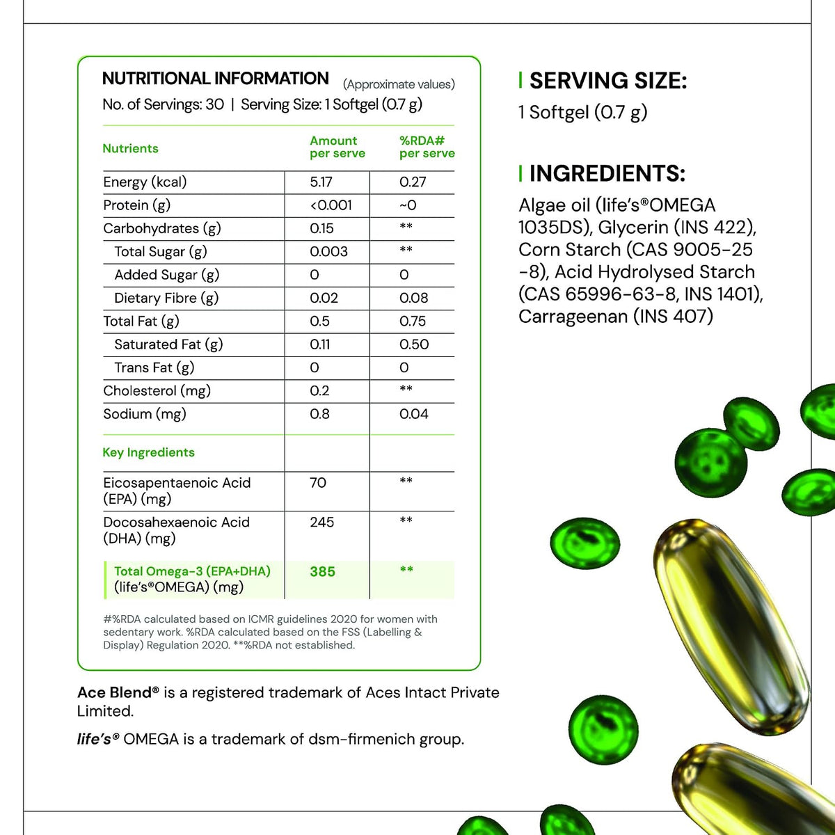 Ace Blend Outshine Omega 3 Vegan with 385mg EPA + DHA per Softgel | Full Spectrum Algal Oil | 700mg Algal Oil | Plant-Based Omega 3 Supplement | For Men & Women | 30 Softgels