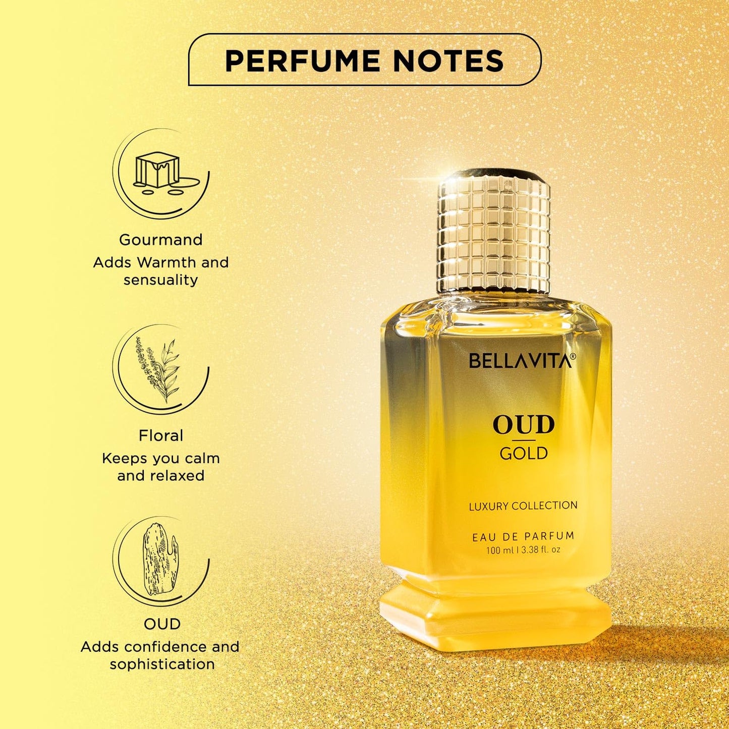 Bellavita Oud Gold perfume bottle with notes on a gold background