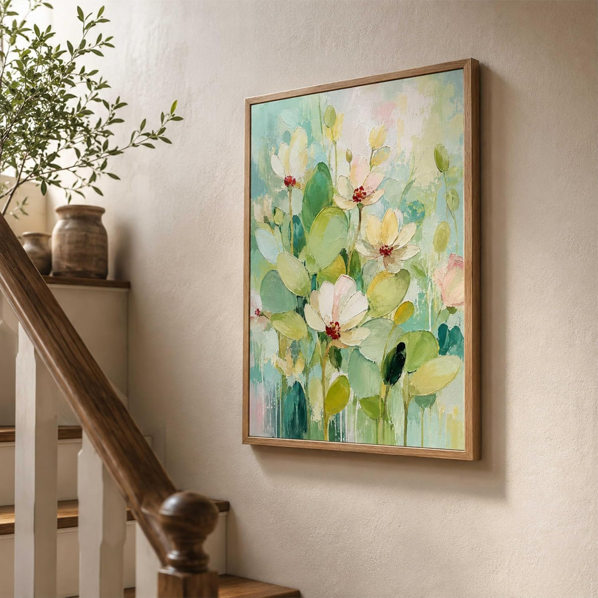 Pastel Floral Wall Painting for Living Room Bedroom Hall Office Decor, Soft Flower Artwork with Sparkle Laminate and Premium Wooden Synthetic Frame (13.5 x 19.5 Inch) NM01-4110