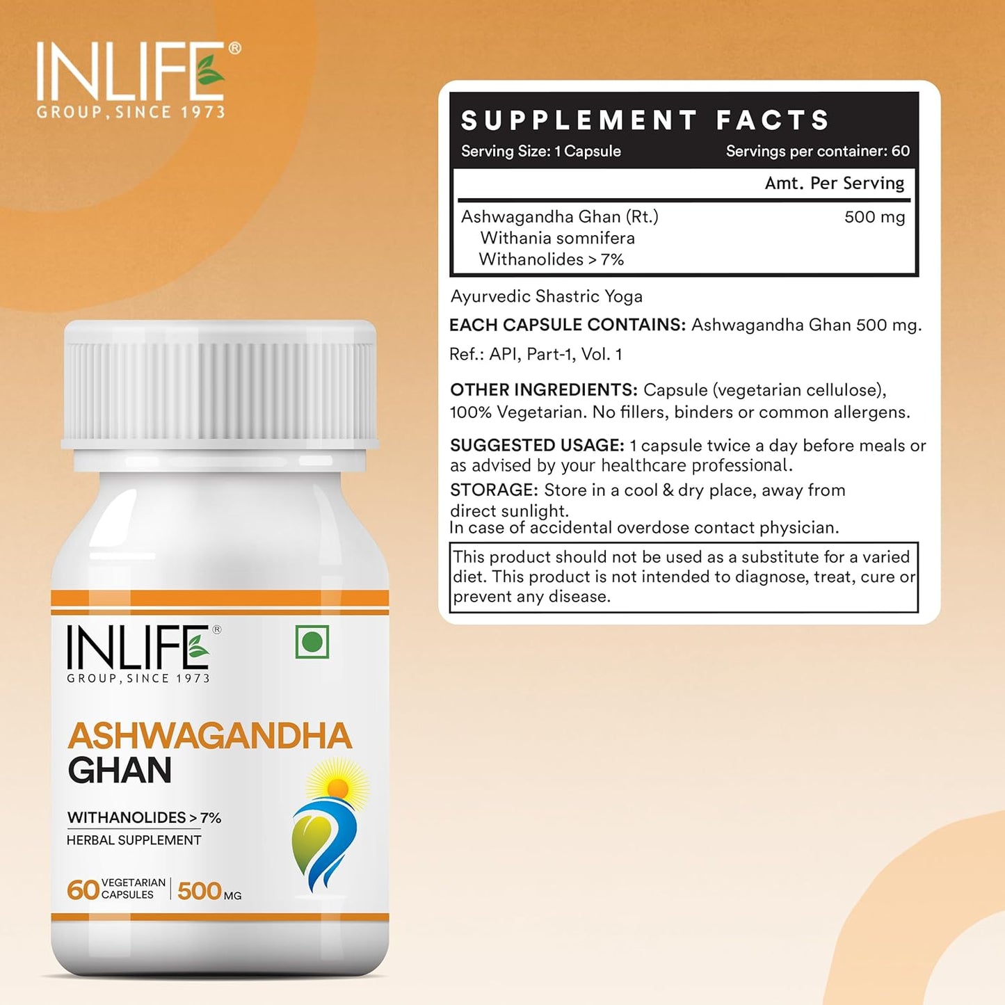 INLIFE Ashwagandha Extract (Withania Somnifera) with > 7% withanolides| Ayurvedic Supplement | Immunity and General Wellness, 500mg - 60 Vegetarian Capsules (Pack of 1, 60)