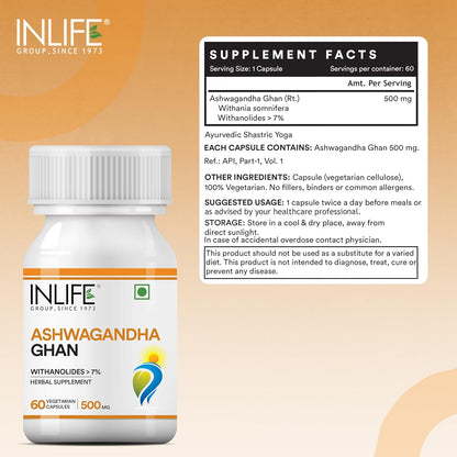 INLIFE Ashwagandha Extract (Withania Somnifera) with > 7% withanolides| Ayurvedic Supplement | Immunity and General Wellness, 500mg - 60 Vegetarian Capsules (Pack of 1, 60)