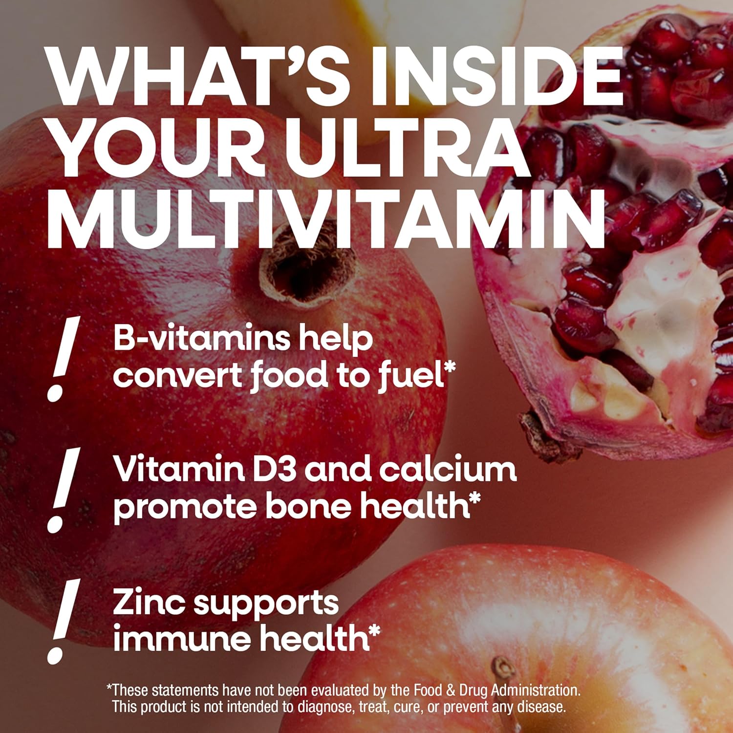 Multivitamin supplement with pomegranate and apple, featuring text about vitamins and health benefits.