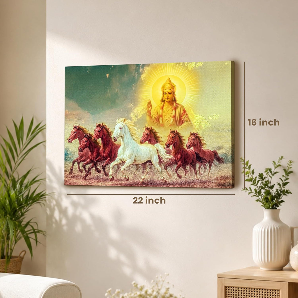 Shurya Dev 7 Running Horses Canvas Wall Art Painting For Living Room, Seven Horse Vastu Painting For Home, Office and Bedroom, Stretched Canvas (16x22 Inch)