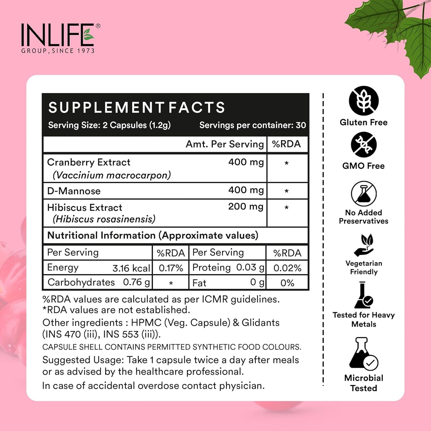 INLIFE Cranberry Capsules for Urinary Tract | D-Mannose Hibiscus Extract | Health Supplement for UTI | Men Women - 60 Vegetarian Capsules (Pack of 1, 60)