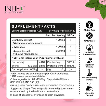 INLIFE Cranberry Capsules for Urinary Tract | D-Mannose Hibiscus Extract | Health Supplement for UTI | Men Women - 60 Vegetarian Capsules (Pack of 1, 60)