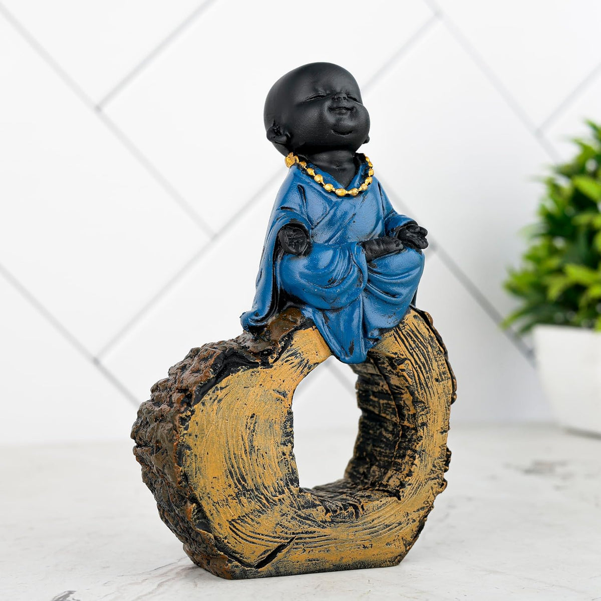 Laughing Buddha Baby Monk Idol Statue Showpiece Home Decor Items for Living Room and Gifts (Blue Black)
