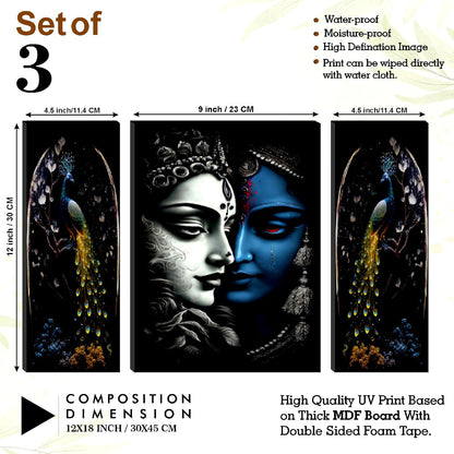 Radha Krishna & Peacock Wall Art – Set of 3 UV-Printed Panels | Spiritual Décor for Living Room, Bedroom & Pooja Room (20 Inch x 12 Inch) JM-35284