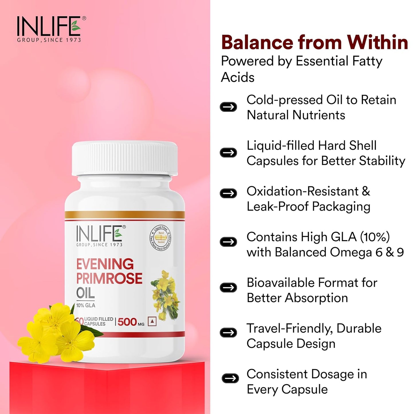INLIFE Evening Primrose Oil Capsules 500mg | 10% Gamma Lionlenic Acid | Supplement for Hair and Skin - 60 Liquid Filled Capsules (Pack of 1)