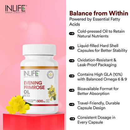 INLIFE Evening Primrose Oil Capsules 500mg | 10% Gamma Lionlenic Acid | Supplement for Hair and Skin - 60 Liquid Filled Capsules (Pack of 1)