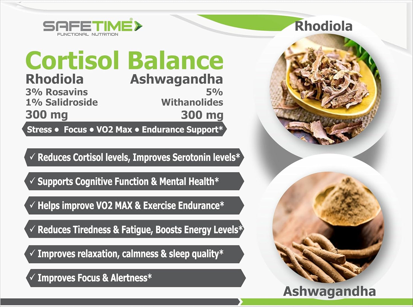Product packaging for Safetimé Cortisol Balance with Rhodiola and Ashwagandha, featuring images of the herbs and text about their benefits.