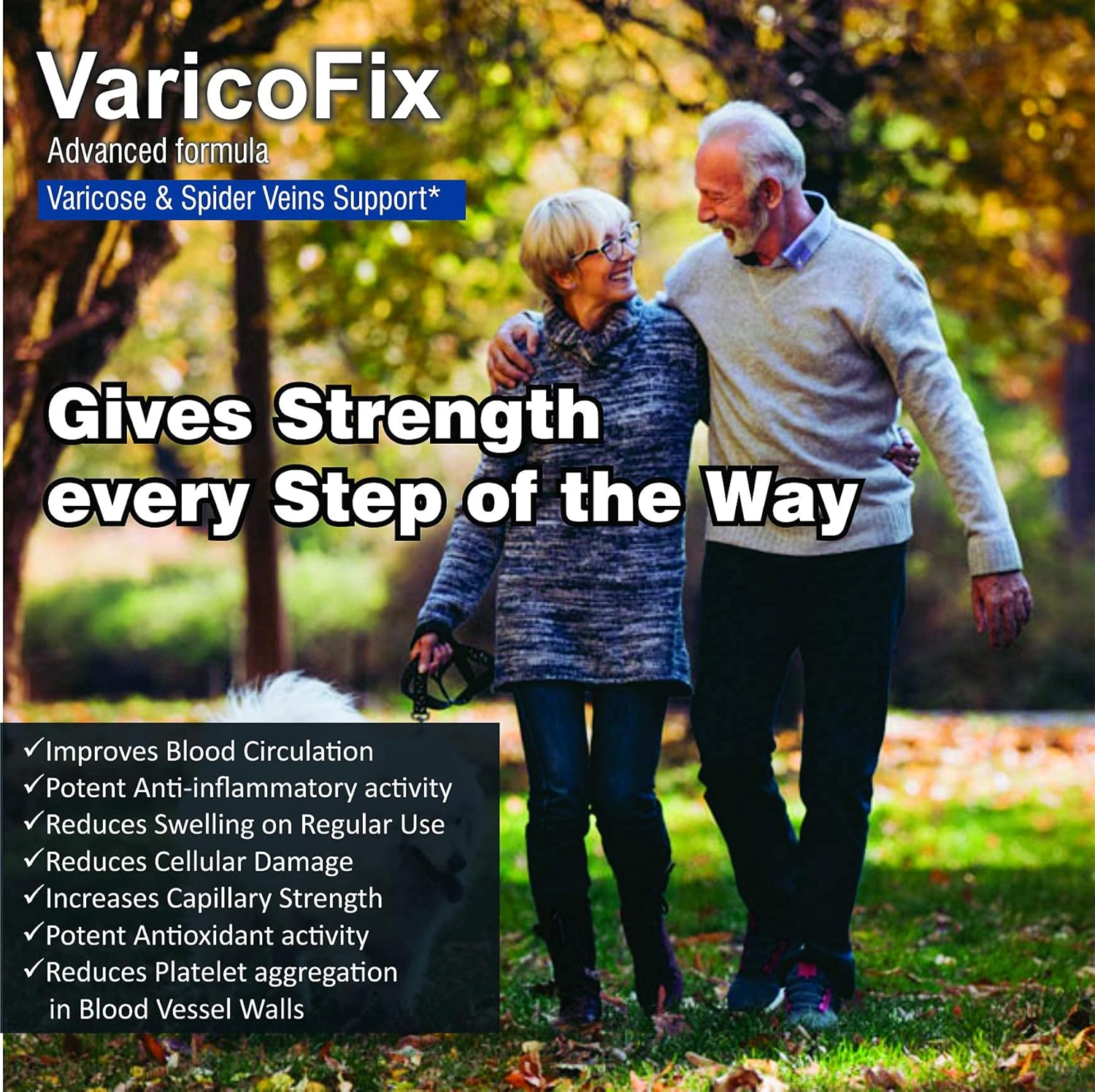 Couple walking with a dog in a park, promoting VaricoFix for varicose and spider veins support.