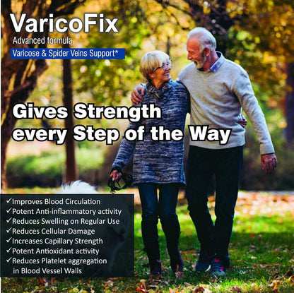 Couple walking with a dog in a park, promoting VaricoFix for varicose and spider veins support.