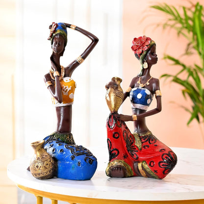 African Lady Statue with Pot| Graceful and Cultural Home Décor (Pack of 2, Yellow, Blue)