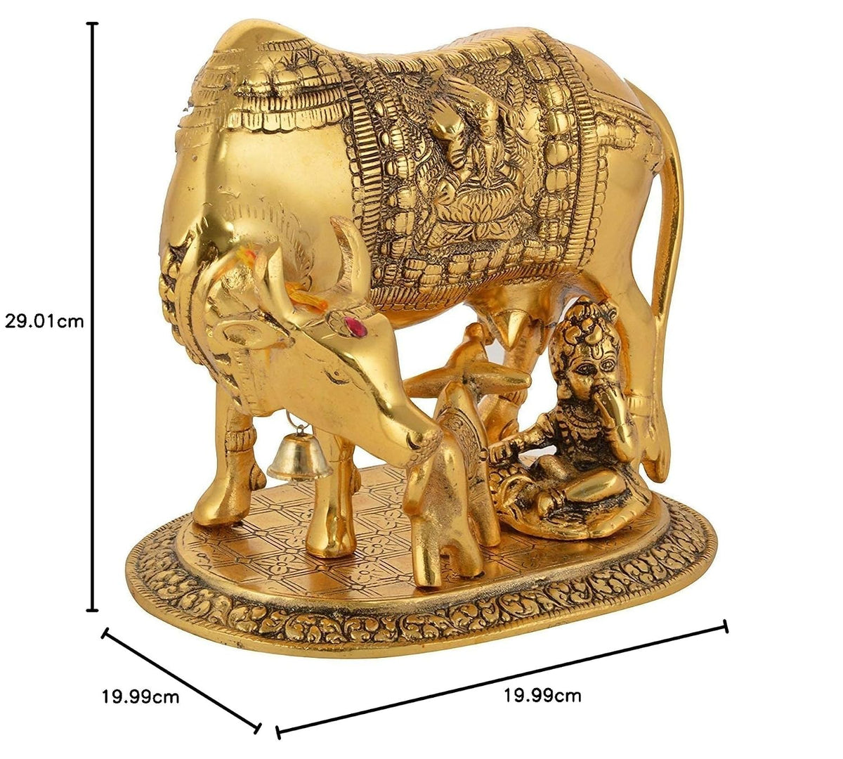 Polyresin Hand Painted Kamdhenu Cow with Calf God Figure Showpiece Decor (Golden, Small Size), 20L x 20W x 29H Centimeters