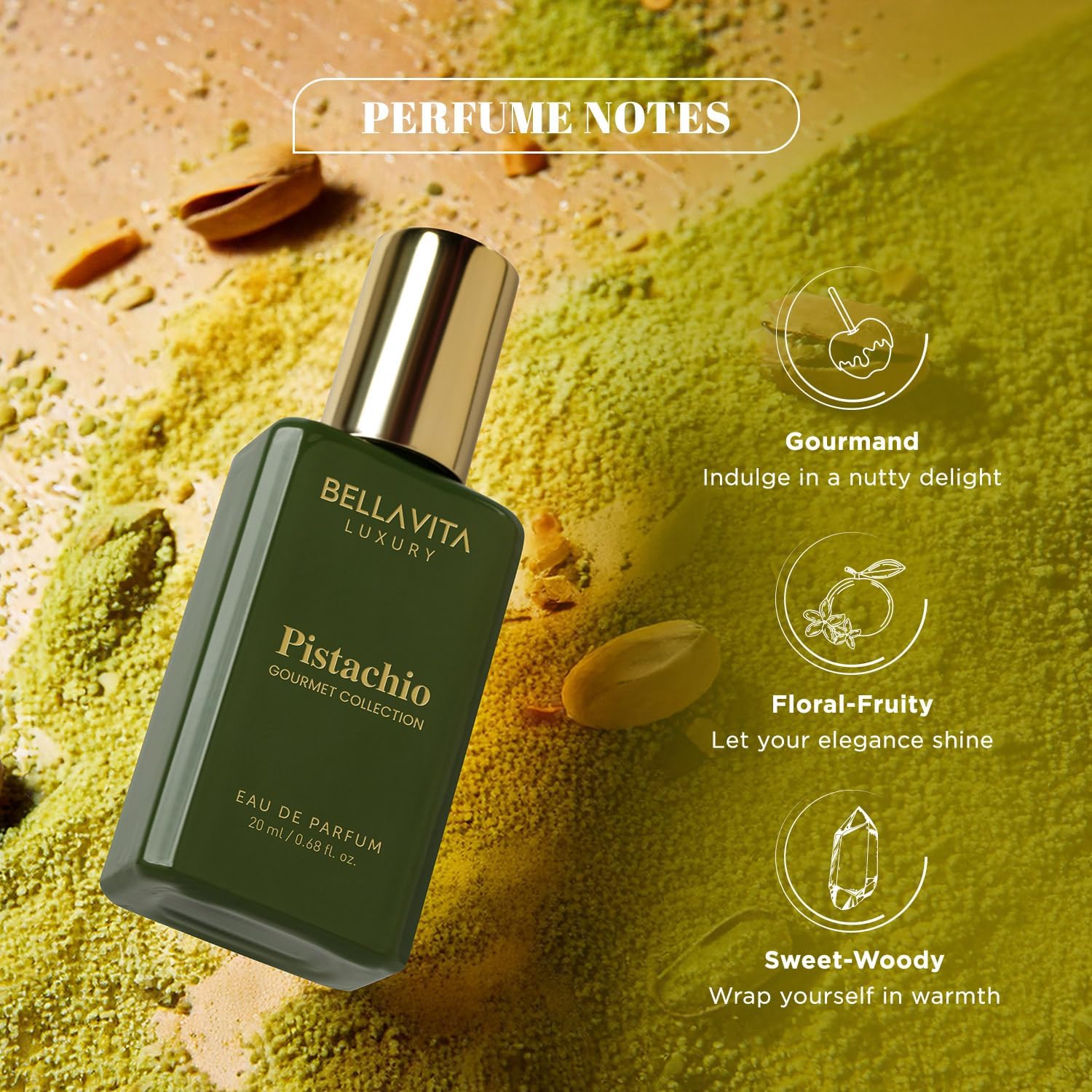 Bellavita Luxury Pistachio perfume bottle on a green and brown textured background with perfume notes text.
