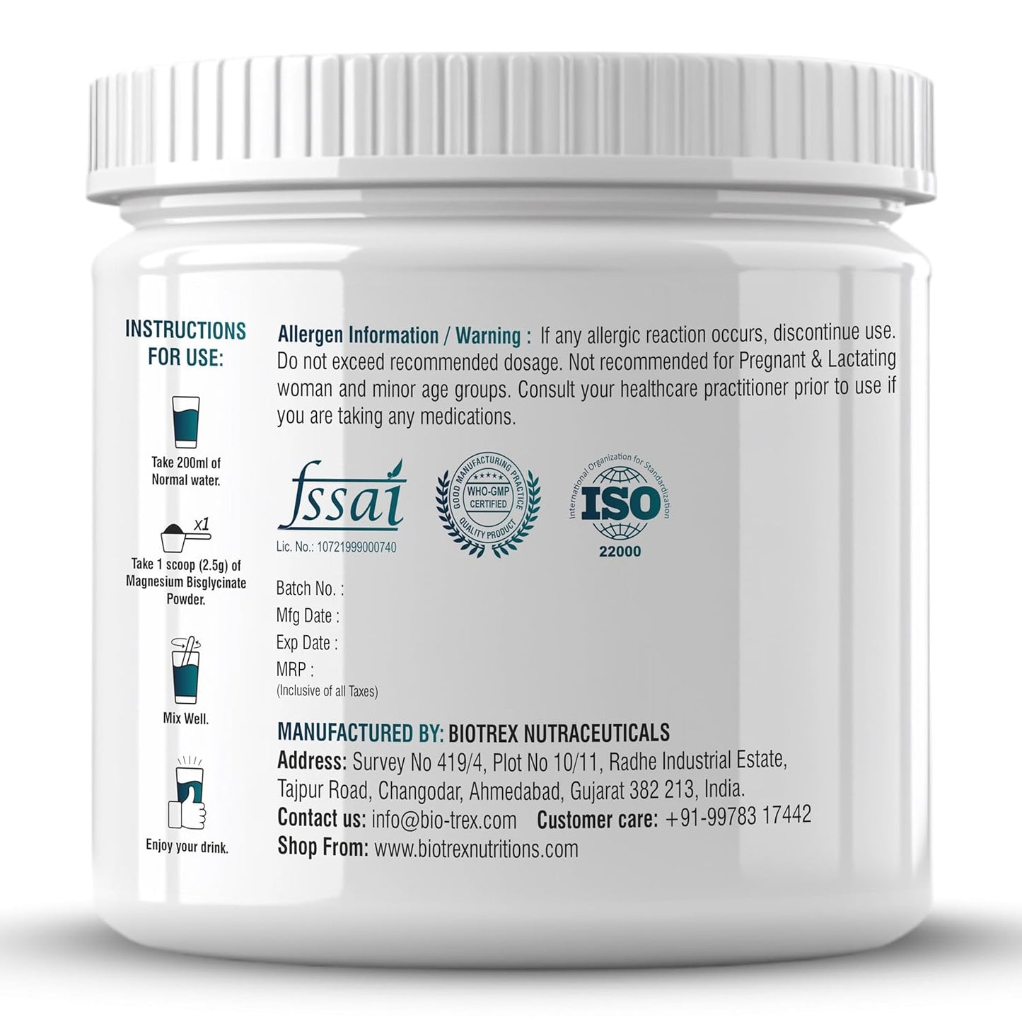 Biotrex Nutraceuticals Magnesium Bisglycinate Powder | Sleep, Cramps, Nerve & Muscle Health | Mood Balance & Energy Production | High Absorption - 250Gram (100 Servings)