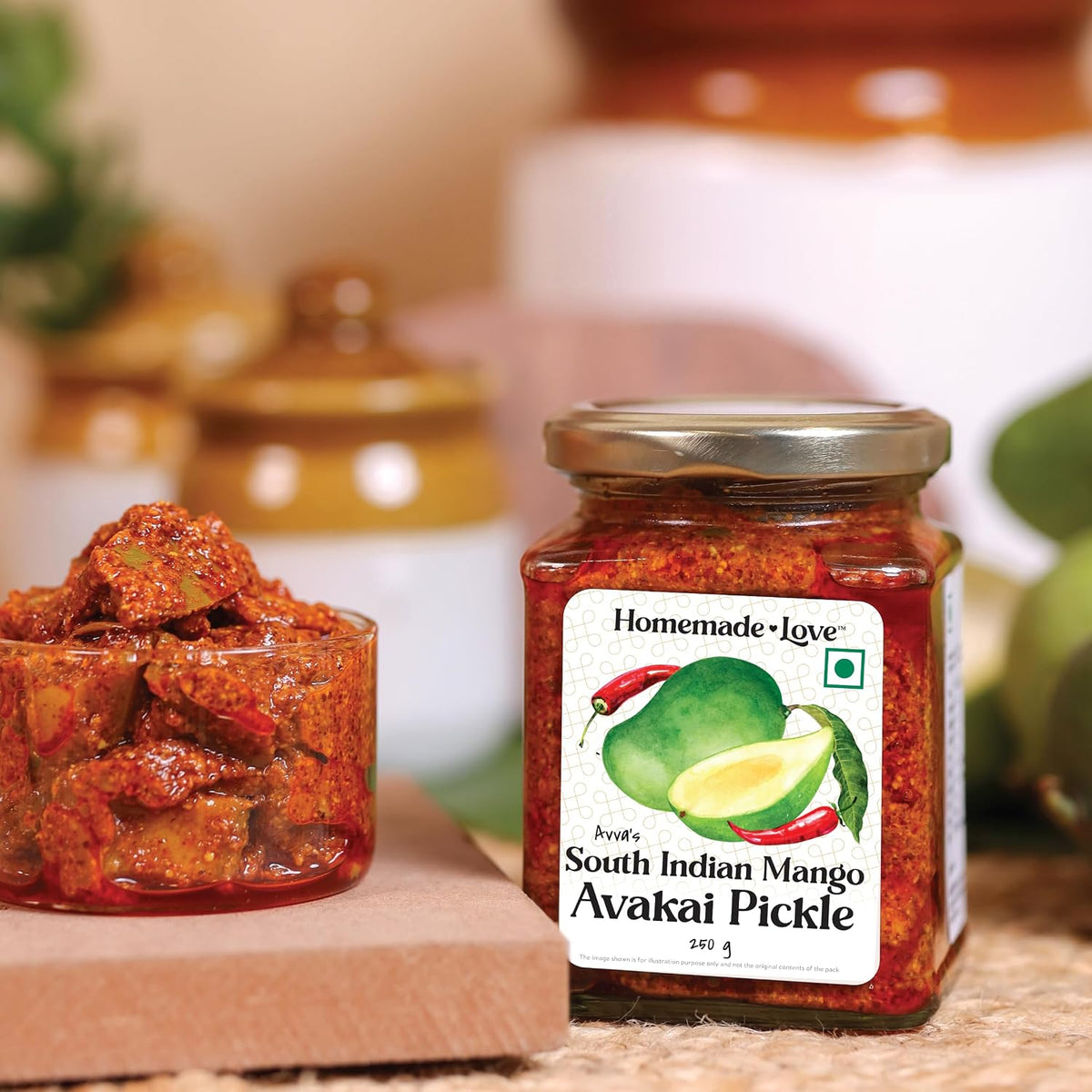 Homemade Love Mango Avakai Pickle (250 Gm) | South Indian Taste Mango Pickles | Aam ka Achar Perfect for Rice, Dosa, Idli, Chappati | Tangy and Spicy Home Made Mango Pickle | No Preservatives