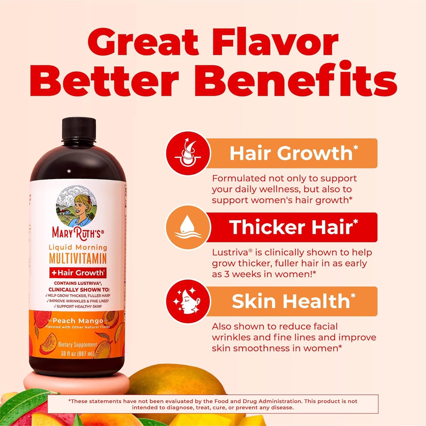 Mary Ruth's Liquid Multivitamin bottle with benefits listed on a peach background