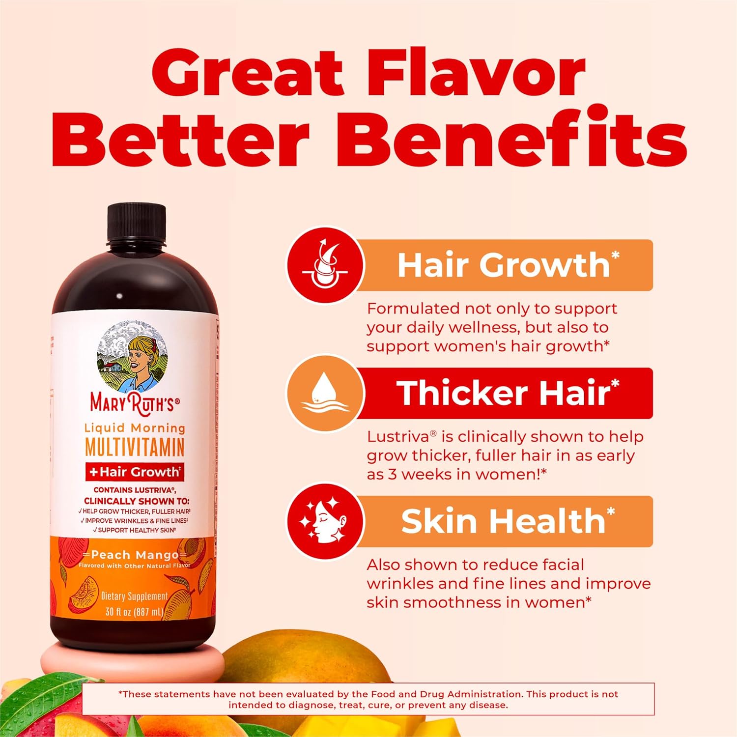Mary Ruth's Liquid Multivitamin bottle with benefits listed on a peach background
