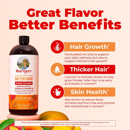 Mary Ruth's Liquid Multivitamin bottle with benefits listed on a peach background