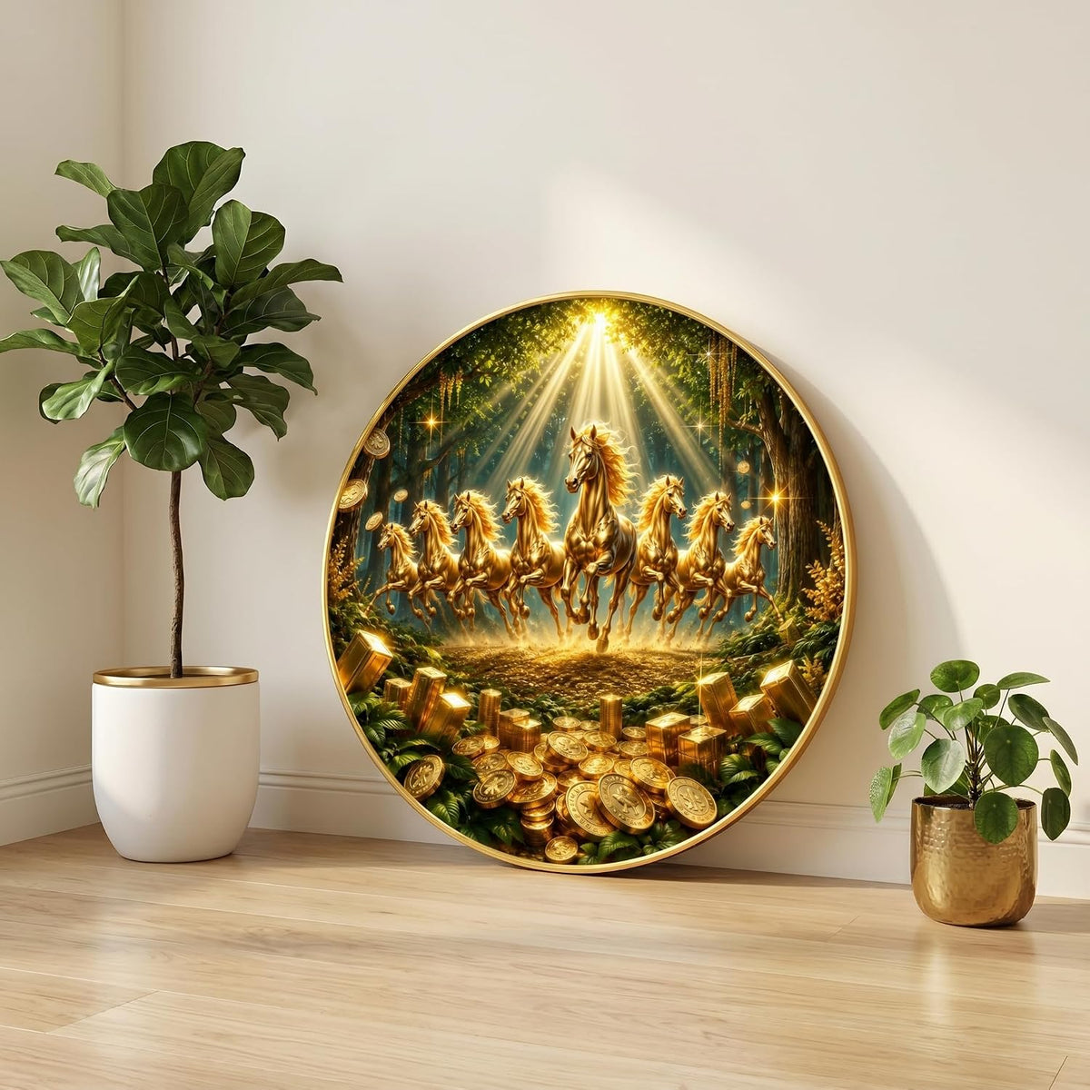 7 Horse Vastu Round Wall Painting with Premium PVC Golden Frame, Golden Running Horses Wealth Coins Forest Art for Living Room Office Home Decor (20 x 20 Inch) GRL-438