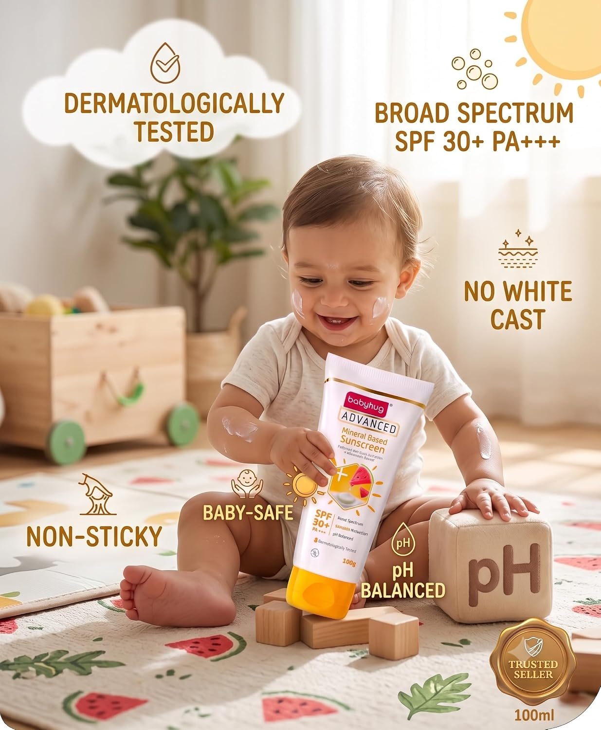 BABYHUG Advanced Mineral Based Sunscreen Lotion with SPF 30 +, PA+++,UVA/UVB Protection 100ML(Pack Of 1)