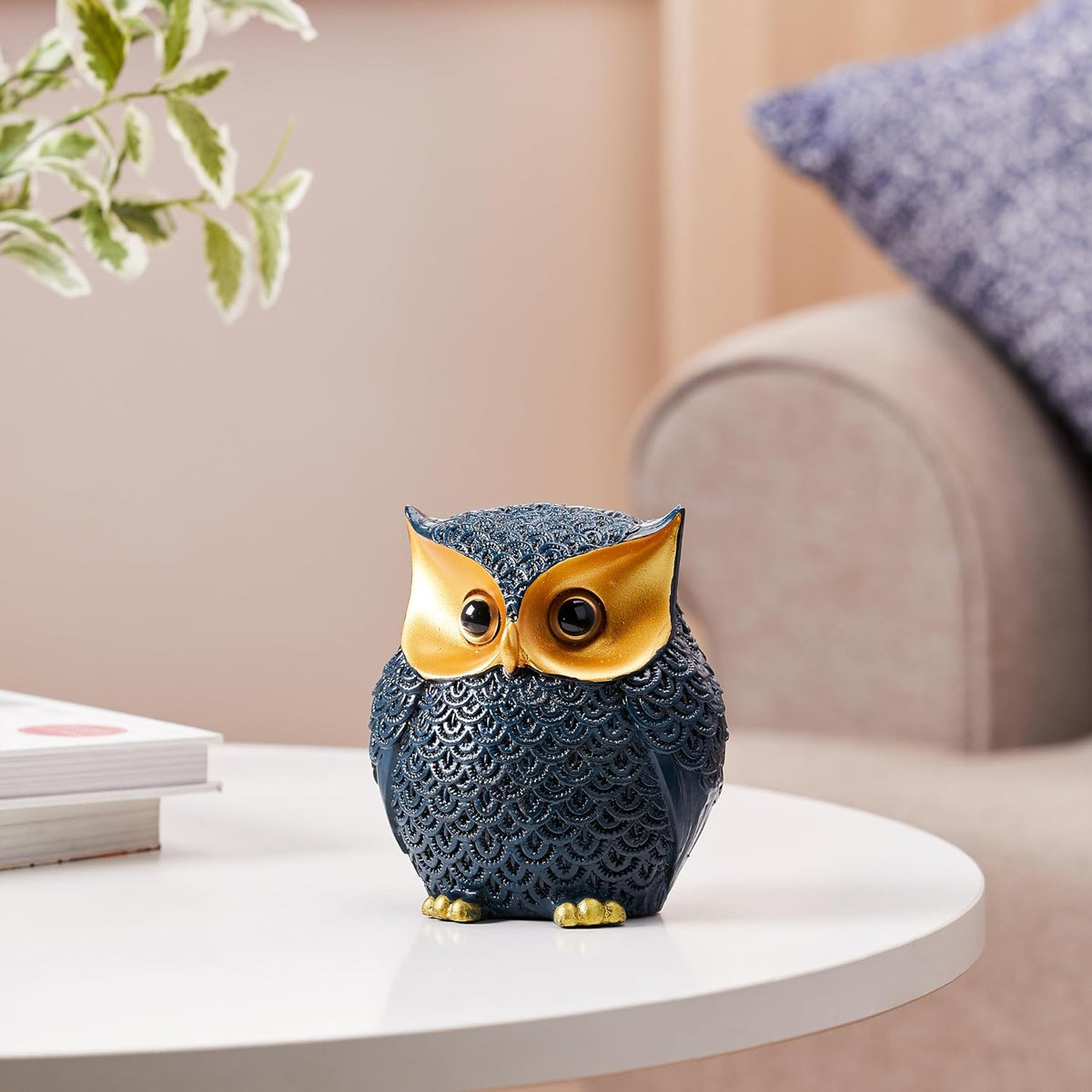 Modern Classy Happy Owl Resin Art Figure Showpiece (Pack of 1, Blue and Gold)