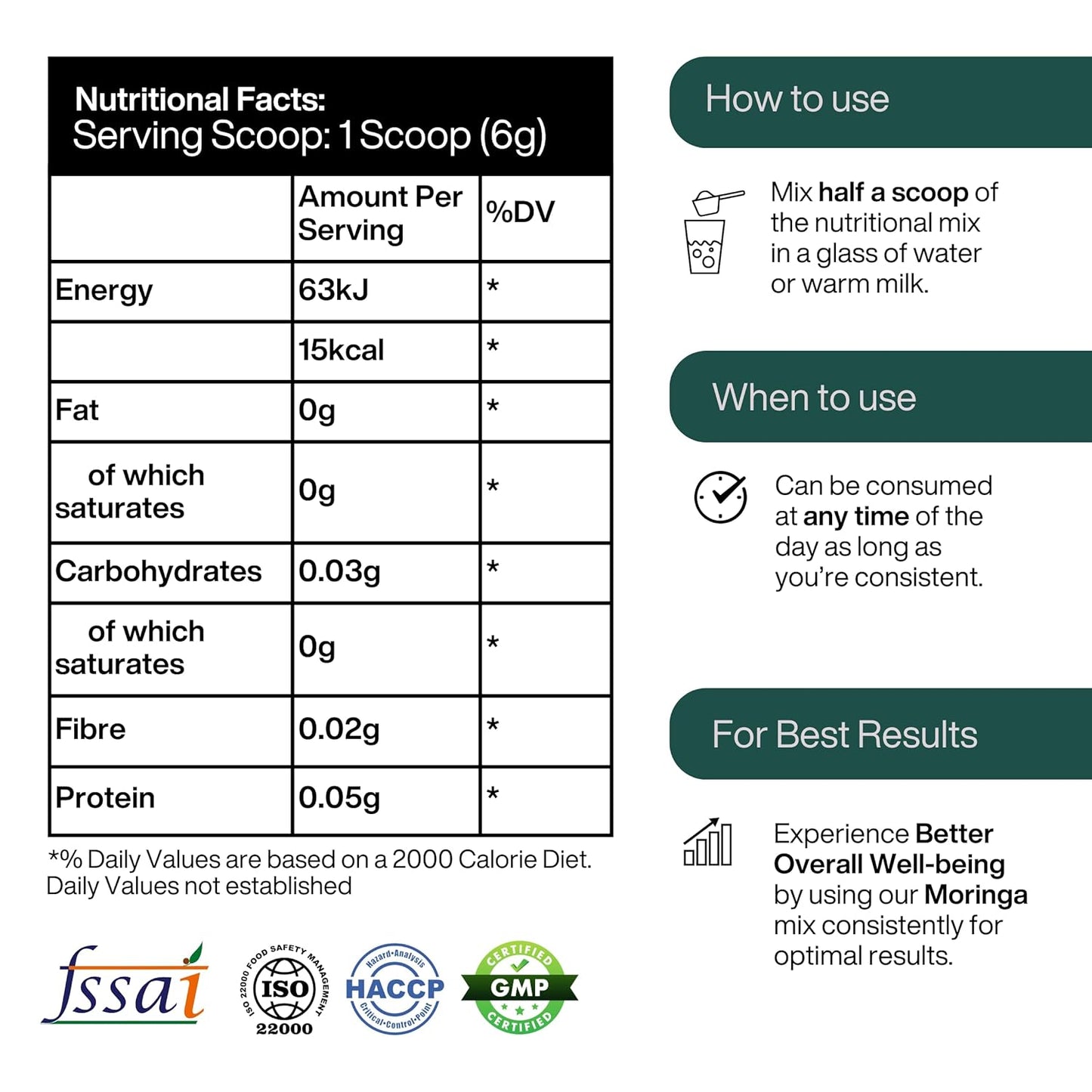 Nutritional facts label and usage instructions for a supplement product.