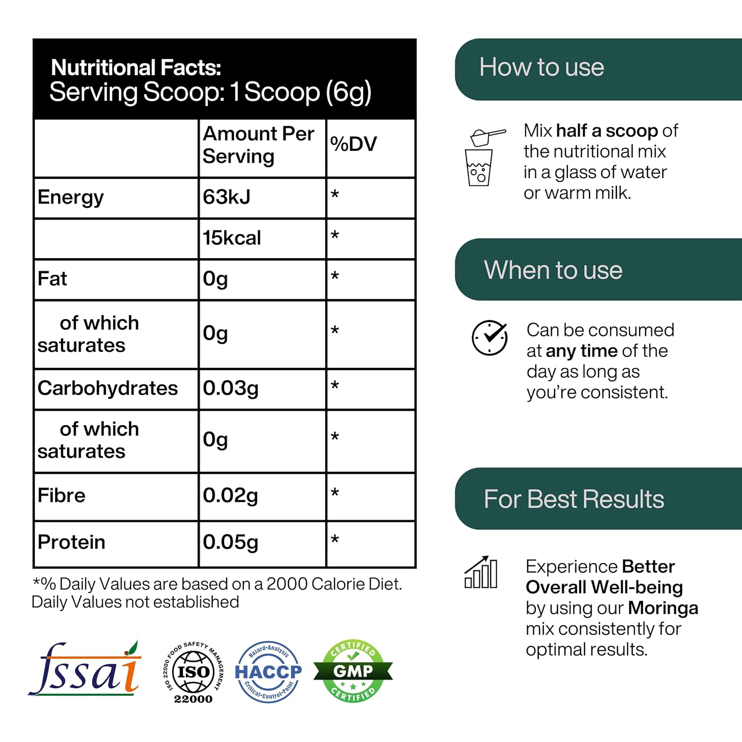 Nutritional facts label and usage instructions for a supplement product.