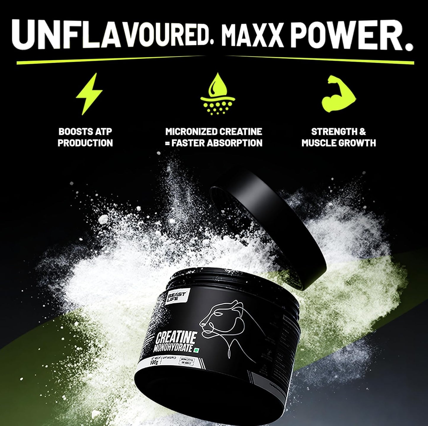 BeastLife Micronised Creatine Monohydrate with Free Shaker | 100g | 33 Servings | Unflavoured | NABL Lab Tested | Rapid Absorption for Muscle Strength & Athletic Performance | Super Micronised Creatine Powder
