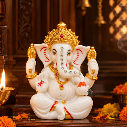 Maha Ganapati Idol White Marble Statue, Matte Finish Ganesh Murti for Puja, Mandir, Home Decor, Ganesh Chaturthi, Diwali, Festive Decoration & Religious Gifting
