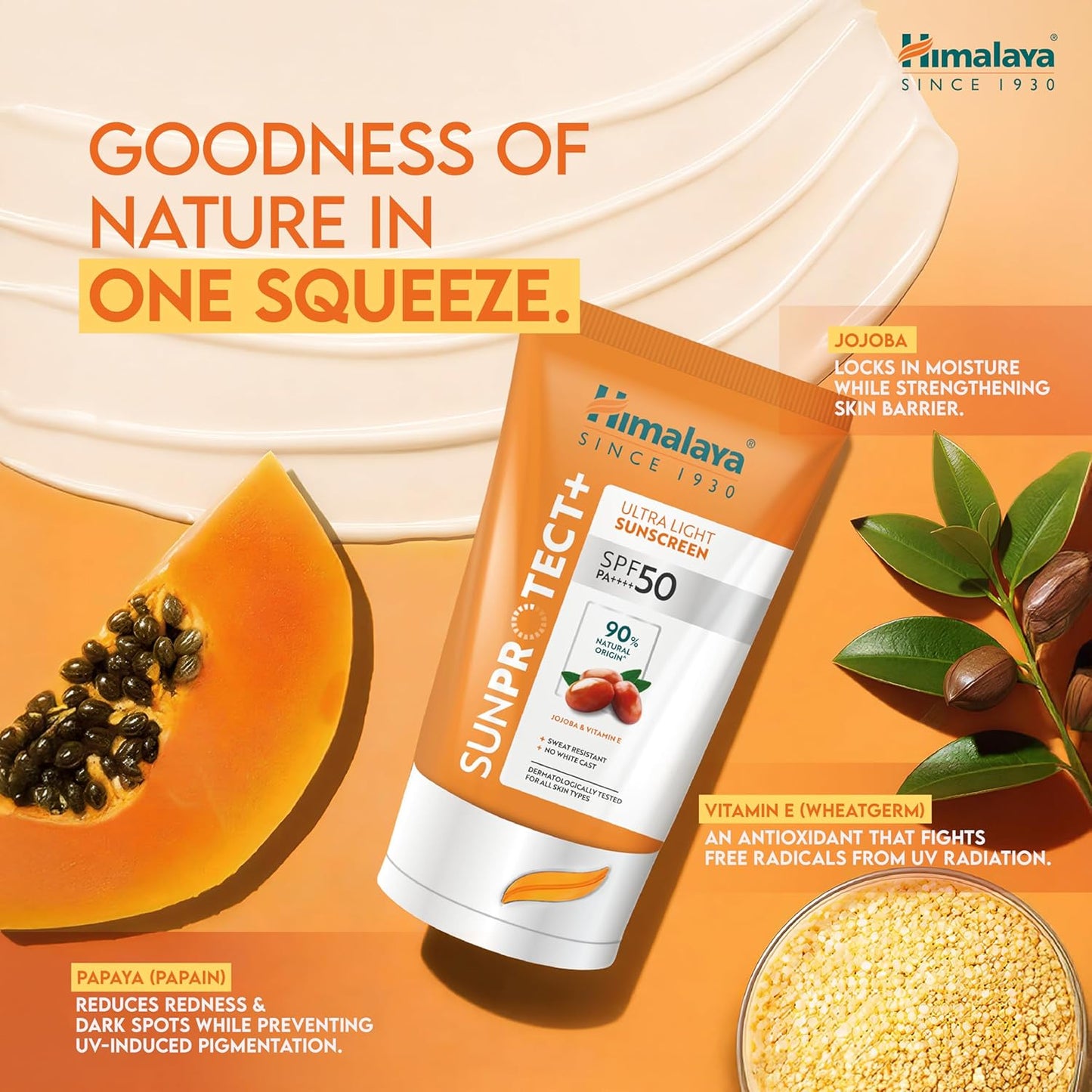 Himalaya Sunprotect sunscreen bottle with papaya and ingredients on an orange background