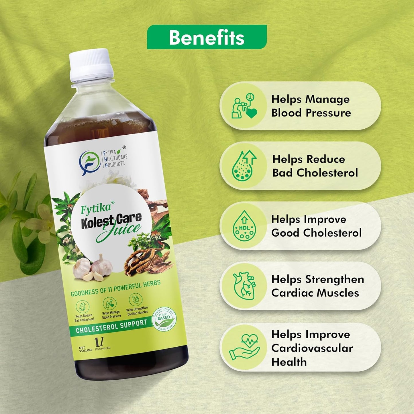 Fytilka Kolest Care Juice bottle with health benefits listed on a green and beige background