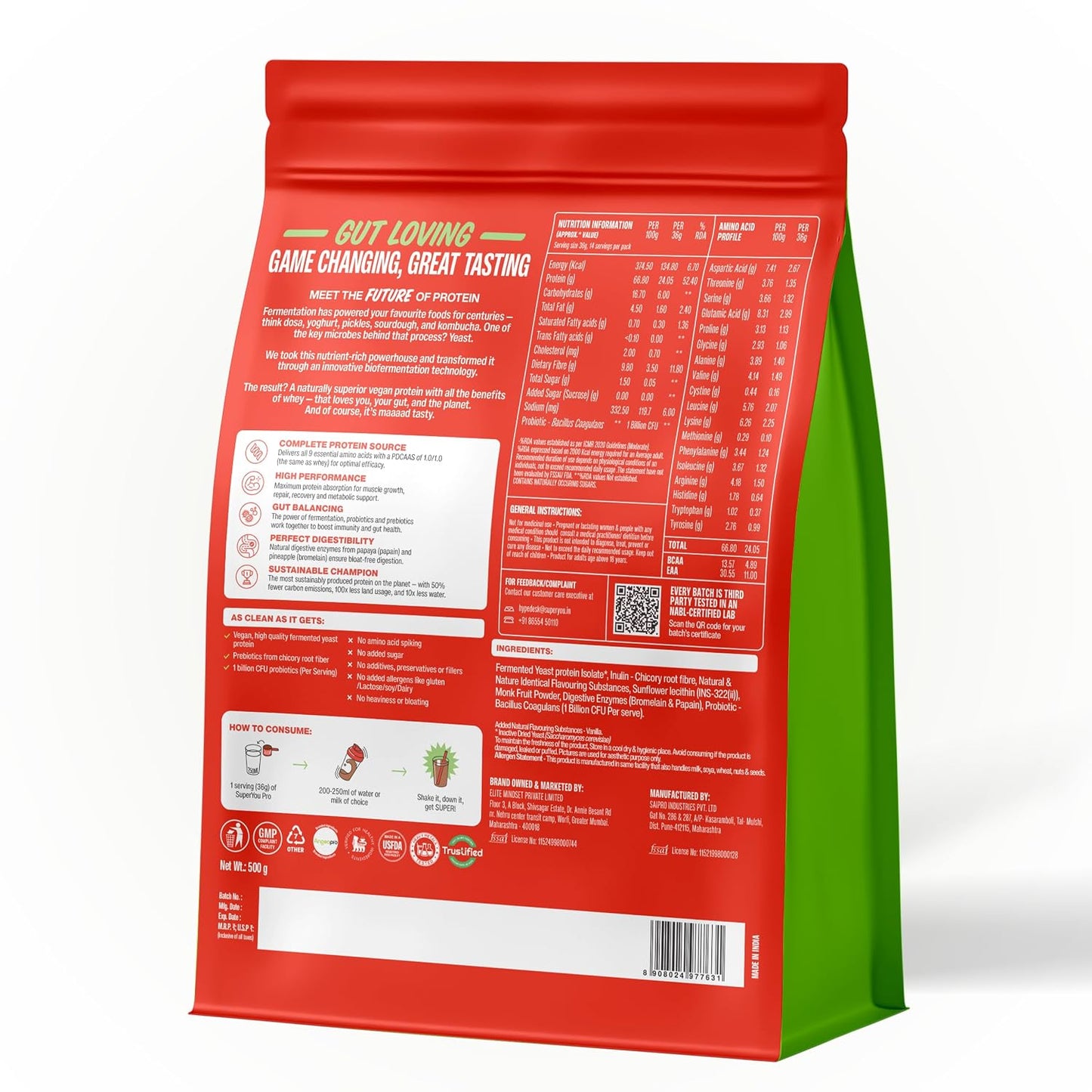 Superyou Pro Fermented Yeast Protein Isolate 500g | 24g Protein| Vanilla | Higher Absorption than Plant Protein | Superior Muscle Recovery | Gut Friendly | Vegan Protein | PDCAAS of 1