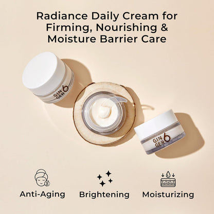 Radiance Daily Cream packaging with text on a beige background