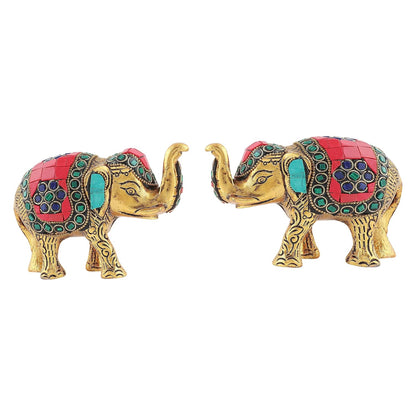Kalakriti Multicoloured Stone Studded Metal Trunk-up Elephant Showpiece for Good Luck (Vaastu) | Pack of 2 | Decorative Elephant Statue Idol for Home Décor for Prosperity and Luck