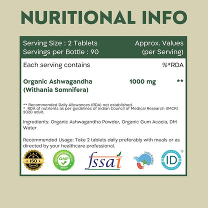 Nutrabud Ashwagandha 1000mg - 180 Tablets -Stress & Anxiety Relief Ashwagandha Powder Tablets - Rejuvenates Mind & Body - Certified Organic (180 Count (Pack of 1))