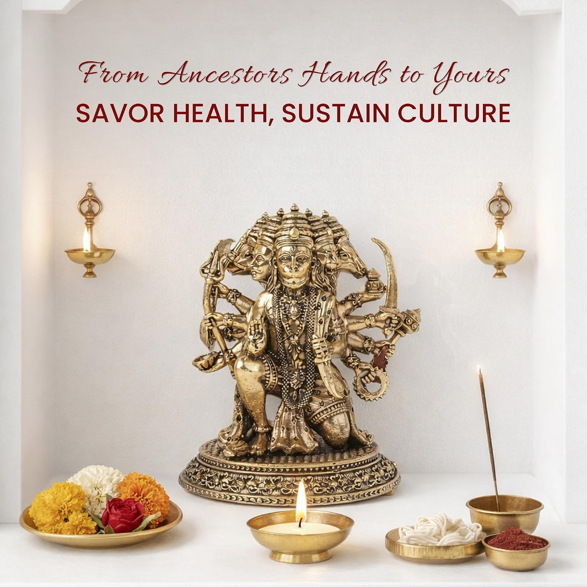 Brass Panchmukhi Hanuman Ji Idol | Handcrafted Hanuman Murti for Pooja Room | Home Temple & Festival Gift (Design01: L6 x W5.5 x H7 cm)