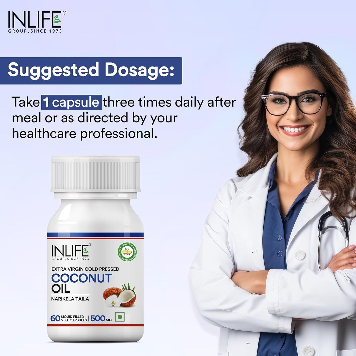 INLIFE Coconut Oil Capsules | Extra Virigin Cold Pressed | 500mg per Serving | Supports Keto & Well-being - 60 Vegetarian Capsules (Pack of 1)