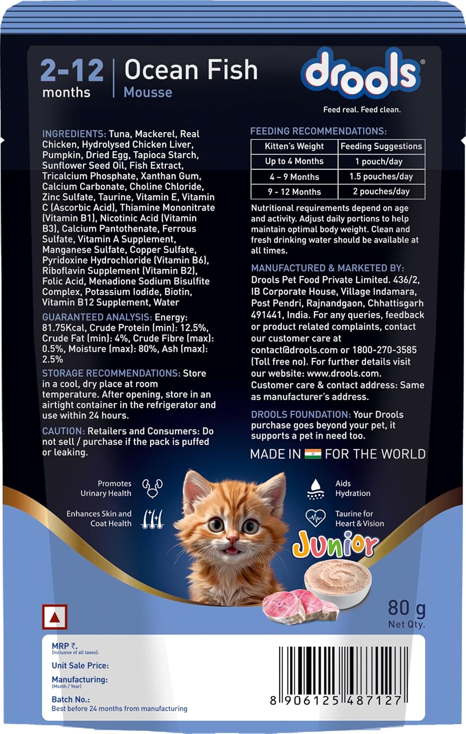 Drools Kitten Wet Mousse 80g | Ocean Fish | High Protein | Promotes Hydration & Easy Digestion | Grain Free | No Artificial Additives | Enriched with Vitamins & Antioxidants