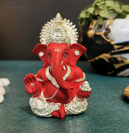 Gold Art India 999 Silver Plated Ganesh Idol for Car Dashboard God Ganesha Idol for Home Decor Ganpati for Gift 3.5 inches (Silver) (MukutSilver red), Idol